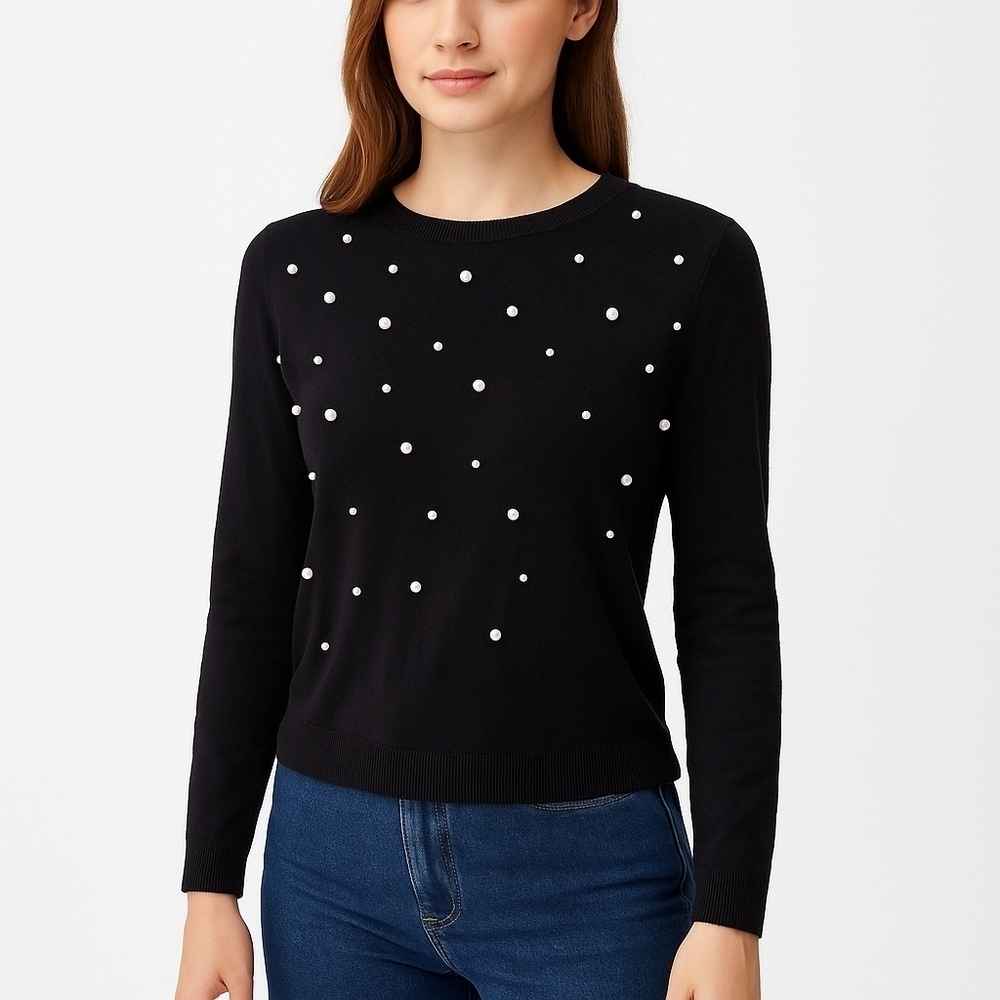 Zara Knit Black Top Sweater with Pearls